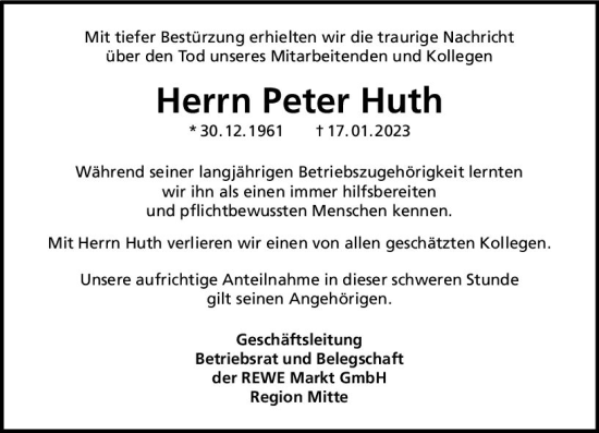 Traueranzeige von Peter Huth von Rüsselsheimer Echo