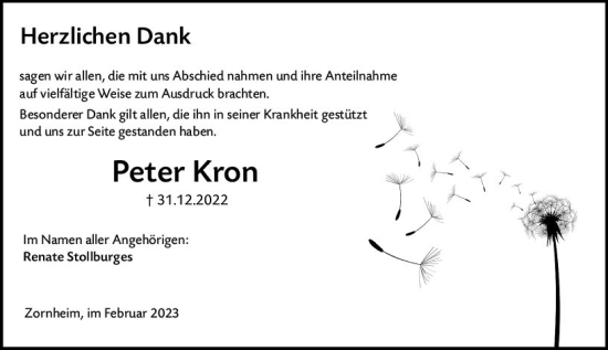 Traueranzeige von Peter Kron von Allgemeine Zeitung Mainz