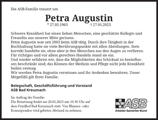 Traueranzeige von Petra Augustin von Allgemeine Zeitung Bad Kreuznach