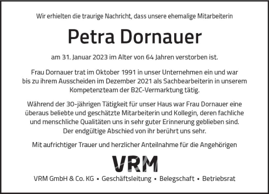 Traueranzeige von Petra Dornauer von Wiesbadener Kurier gesamt