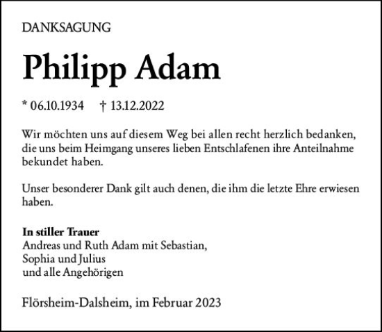 Traueranzeige von Philipp Adam von Wormser Zeitung