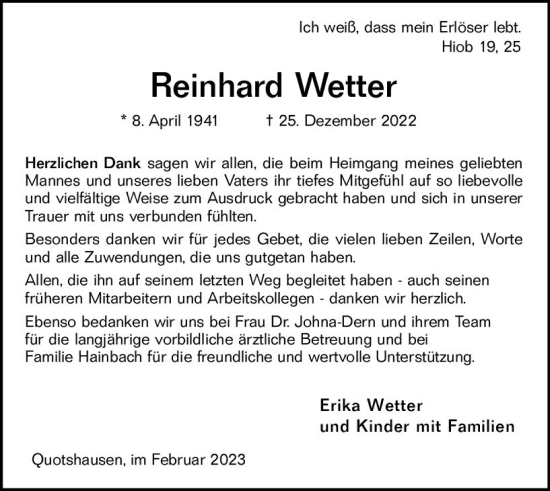 Traueranzeige von Reinhard Wetter von Hinterländer Anzeiger