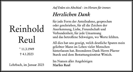 Traueranzeige von Reinhold Reul von VRM Trauer