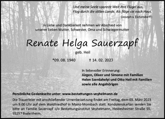 Traueranzeige von Renate Helga Sauerzapf von Allgemeine Zeitung Mainz