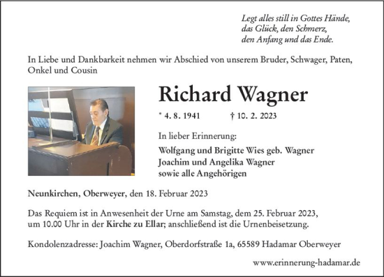 Traueranzeige von Richard Wagner von Nassauische Neue Presse