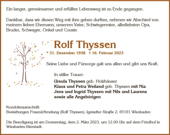 Traueranzeige von Rolf Thyssen von Wiesbadener Kurier