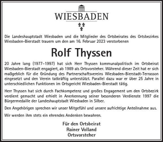 Traueranzeige von Rolf Thyssen von Wiesbadener Kurier