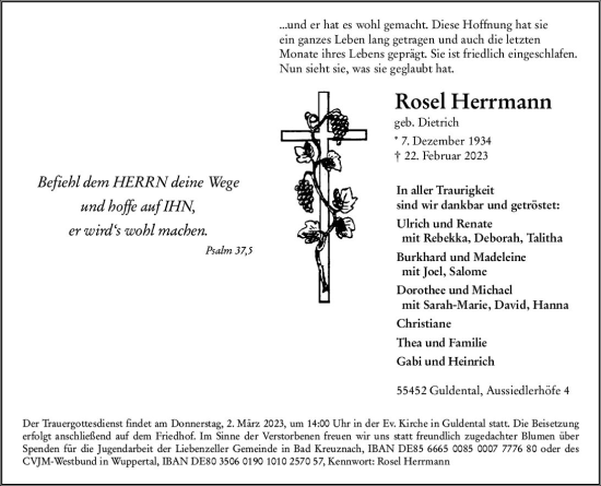 Traueranzeige von Rosel Herrmann von Allgemeine Zeitung Bad Kreuznach