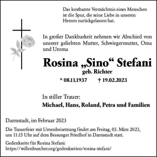 Traueranzeige von Rosina  Stefani von Darmstädter Echo