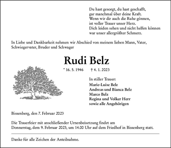 Traueranzeige von Rudi Belz von Wetzlarer Neue Zeitung