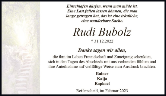 Traueranzeige von Rudi Bubolz von Allgemeine Zeitung Mainz