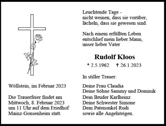 Traueranzeige von Rudolf Kloos von Allgemeine Zeitung Alzey