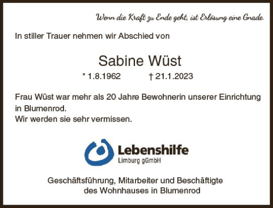 Traueranzeige von Sabine Wüst von Nassauische Neue Presse