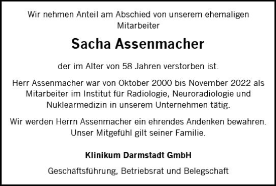 Traueranzeige von Sacha Assenmacher von Darmstädter Echo