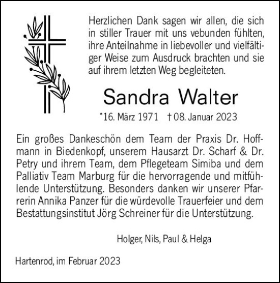 Traueranzeige von Sandra Walter von Hinterländer Anzeiger