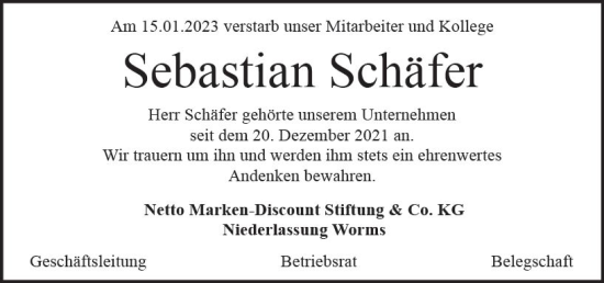 Traueranzeige von Sebastian Schäfer von Wiesbadener Kurier