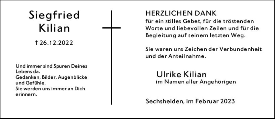 Traueranzeige von Siegfried Kilian von Dill Block