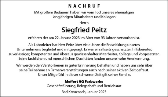 Traueranzeige von Siegfried Peitz von Allgemeine Zeitung Bad Kreuznach