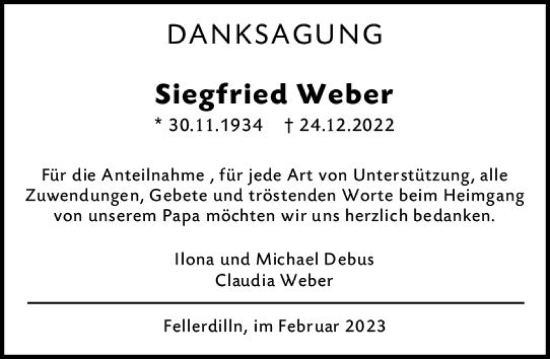 Traueranzeige von Siegfried Weber von Dill Block