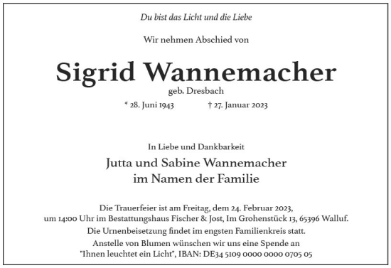 Traueranzeige von Sigrid Wannemacher von Wiesbadener Kurier gesamt
