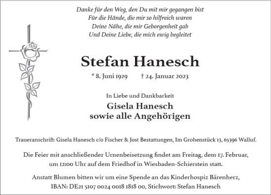 Traueranzeige von Stefan Hanesch von Wiesbadener Kurier gesamt