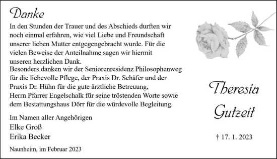 Traueranzeige von Theresia Gutzeit von Wetzlarer Neue Zeitung