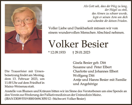 Traueranzeige von Volker Besier von Allgemeine Zeitung Mainz