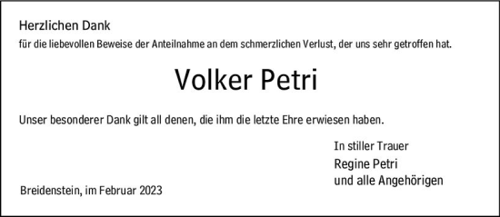Traueranzeige von Volker Petri von Hinterländer Anzeiger
