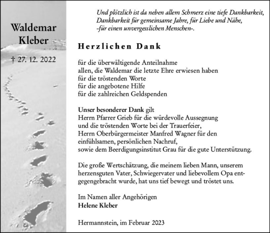 Traueranzeige von Waldemar Kleber von Wetzlarer Neue Zeitung