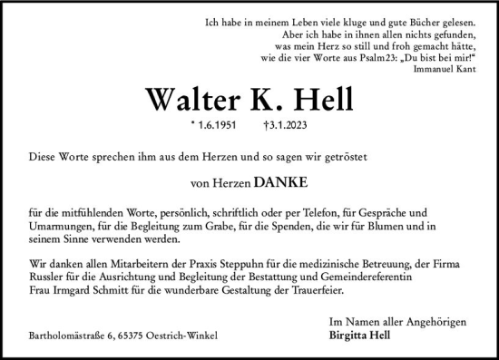 Traueranzeige von Walter K. Hell von Wiesbadener Kurier