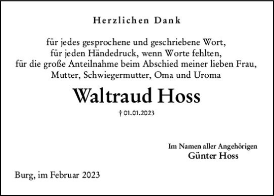 Traueranzeige von Waltraud Hoss von Dill Block
