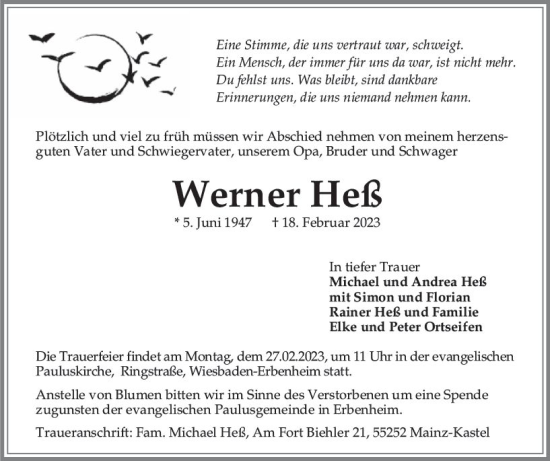 Traueranzeige von Werner Heß von Wiesbadener Kurier
