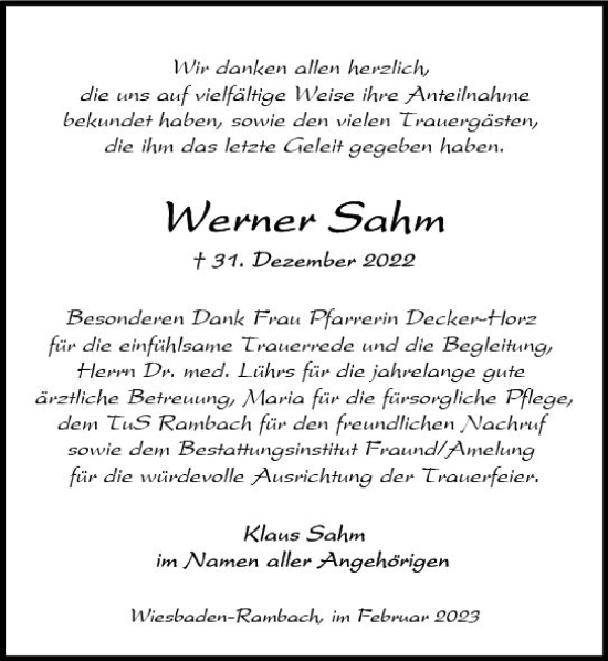 Traueranzeige von Werner Sahm von Wiesbadener Kurier gesamt