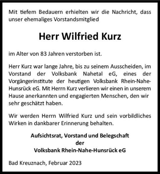 Traueranzeige von Wilfried Kurz von Allgemeine Zeitung Bad Kreuznach