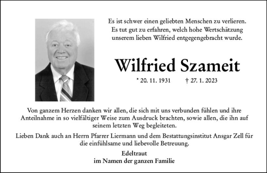 Traueranzeige von Wilfried Szameit von Wiesbadener Kurier
