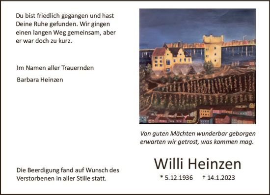 Traueranzeige von Willi Heinzen von Allgemeine Zeitung Bad Kreuznach