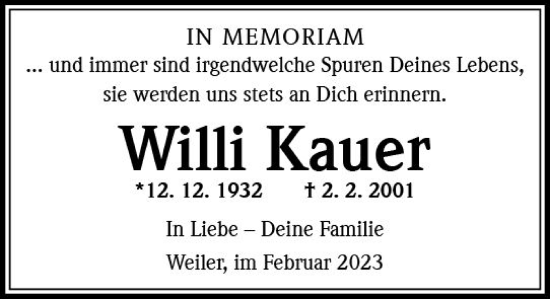 Traueranzeige von Willi Kauer von Allgemeine Zeitung Ingelheim-Bingen