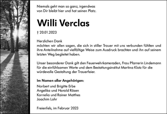 Traueranzeige von Willi Verclas von Weilburger Tageblatt