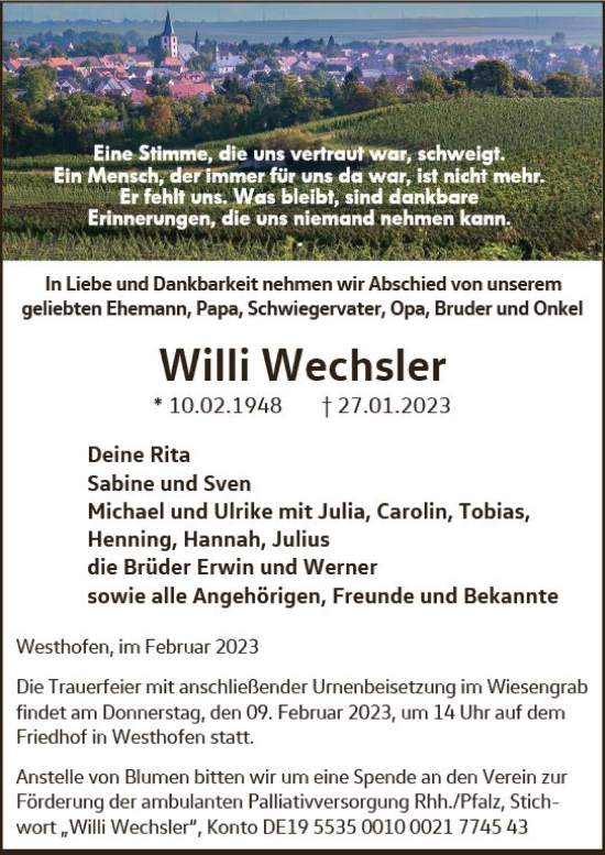 Traueranzeige von Willi Wechsler von Wormser Zeitung