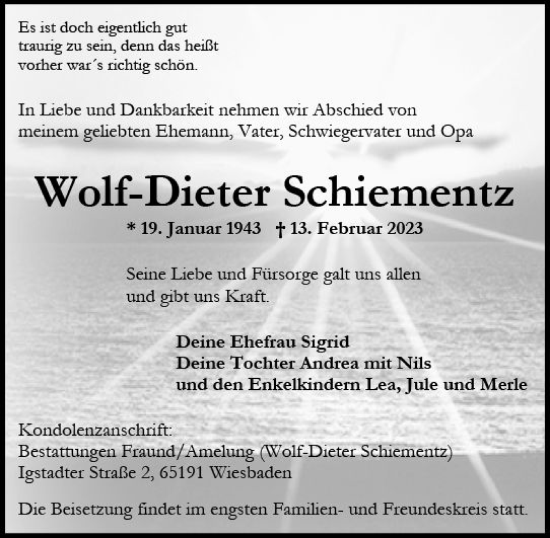 Traueranzeige von Wolf-Dieter Schiementz von Wiesbadener Kurier
