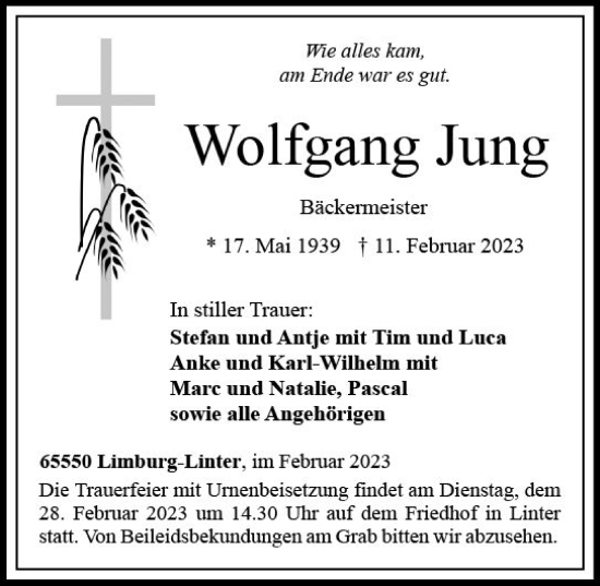 Traueranzeige von Wolfgang Jung von Nassauische Neue Presse