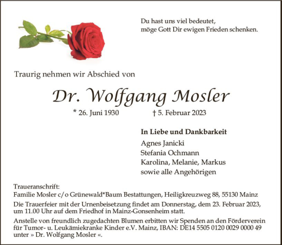 Traueranzeige von Wolfgang Mosler von Allgemeine Zeitung Mainz