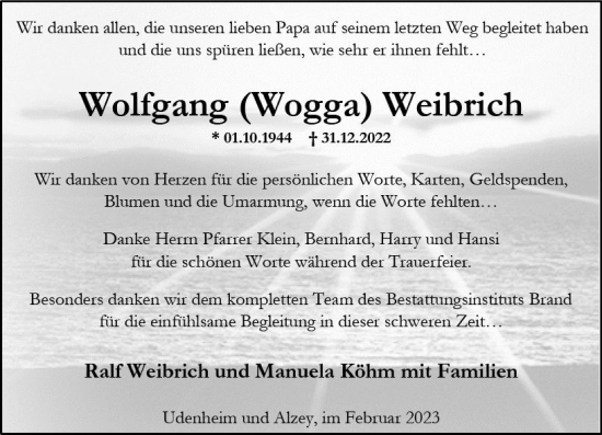 Traueranzeige von Wolfgang Weibrich von Allgemeine Zeitung Alzey
