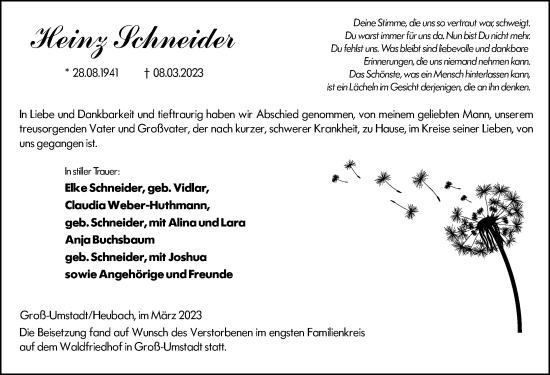 Traueranzeige von Heinz Schneider von Darmstädter Echo