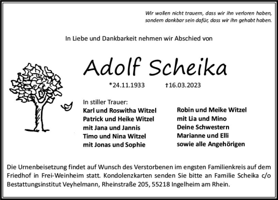 Traueranzeige von Adolf Scheika von Allgemeine Zeitung Bingen/Ingelheim