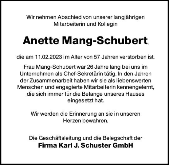 Traueranzeige von Anette Mang-Schubert von Bergsträßer Anzeiger