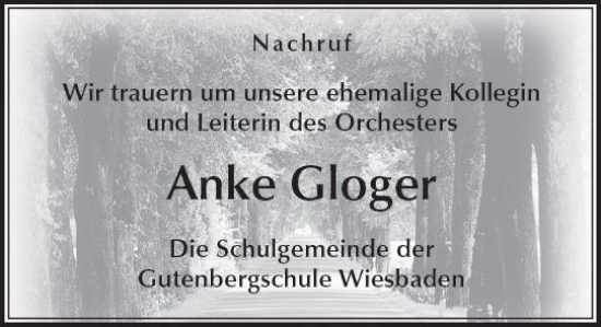 Traueranzeige von Anke Gloger von Wiesbadener Kurier