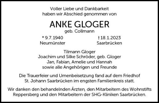 Traueranzeige von Anke Gloger von Wiesbadener Kurier