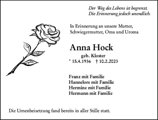 Traueranzeige von Anna Hock von Hochheimer Zeitung
