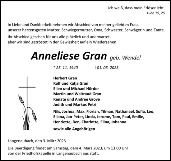 Traueranzeige von Anneliese Gran von Dill Block
